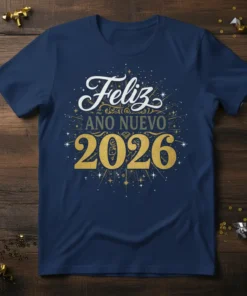 Feliz Año Nuevo 2026 text design with gold glitter accents and starbursts on a navy t-shirt