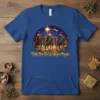 Feliz Día De Los Reyes Magos t-shirt with Three Wise Men riding camels under a starry sky, stained glass art