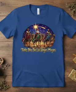Feliz Día De Los Reyes Magos t-shirt with Three Wise Men riding camels under a starry sky, stained glass art