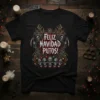 Black t-shirt with "Feliz Navidad Putos!" in distressed white text, surrounded by grim reapers and skulls, festive Christmas design