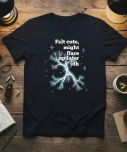Felt cute, might flare up later idk quote on a dark t-shirt with a glowing neural graphic