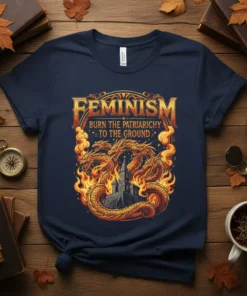 Feminism Burn The Patriarchy To The Ground T-Shirt design with dragons and castle graphic