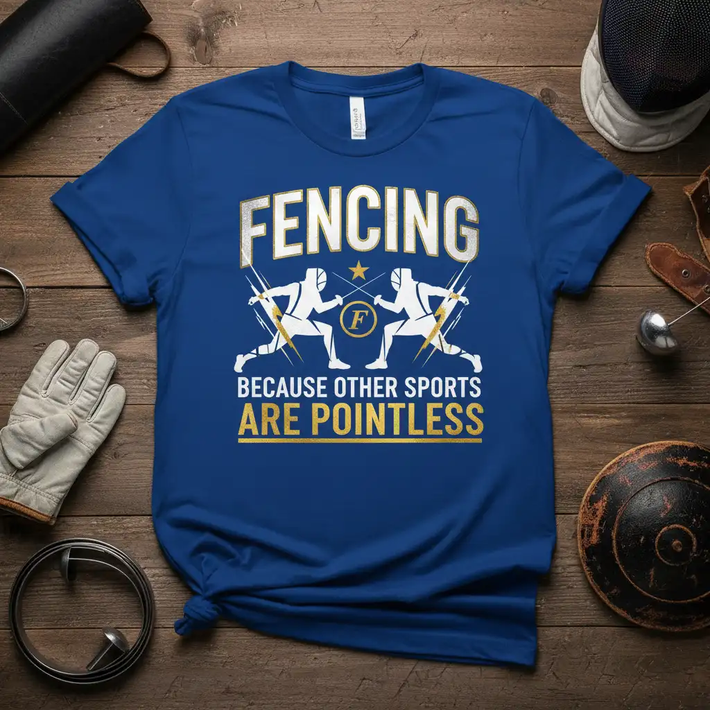 Fencing Because Other Sports Are Pointless quote with fencer graphics on a blue t-shirt