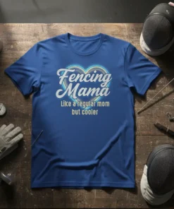 Fencing Mama Like a regular mom but cooler quote on a blue t-shirt, surrounded by fencing gear
