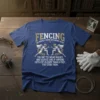 Fencing The Perfect Social Distancing Sport T-Shirt featuring fencers in masks and gloves with a funny quote about stabbing