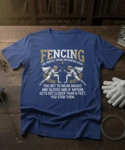 Fencing The Perfect Social Distancing Sport T-Shirt featuring fencers in masks and gloves with a funny quote about stabbing