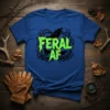 Feral AF wolf graphic t-shirt design with howling wolves, thorns, and flames in neon green and black