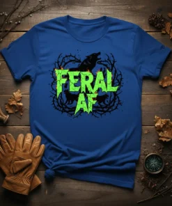 Feral AF wolf graphic t-shirt design with howling wolves, thorns, and flames in neon green and black