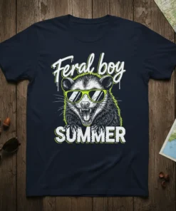 Feral boy SUMMER t-shirt with a grinning possum wearing sunglasses and neon green outline