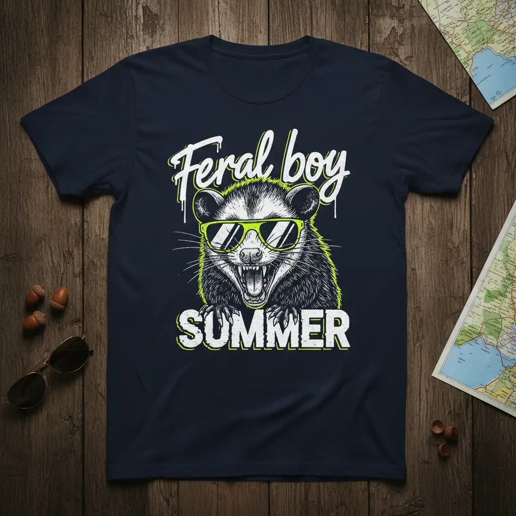 Feral boy SUMMER t-shirt design featuring a cool possum wearing sunglasses and bold text