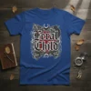 Feral Child graphic t-shirt with gothic lettering and snarling wolf illustrations, dark fantasy theme