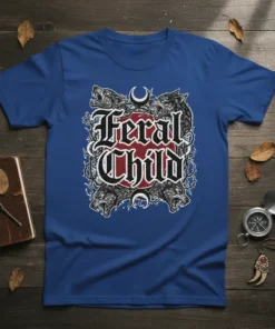 Feral Child graphic t-shirt with gothic lettering and snarling wolf illustrations, dark fantasy theme