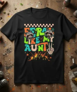 Feral Like My Aunt t-shirt with two raccoons, retro text, and a city graphic