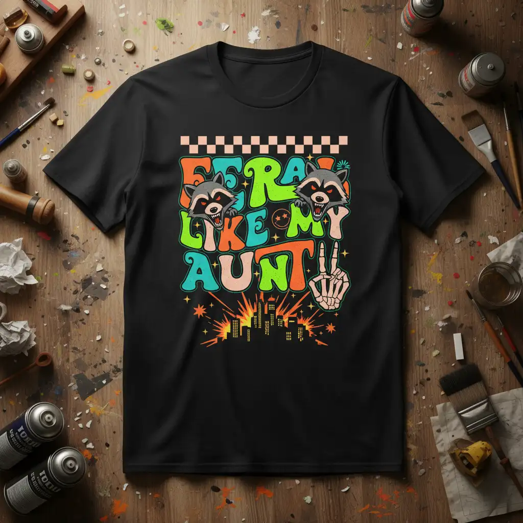 Feral Like My Aunt retro graphic tee with raccoons and cityscape explosion