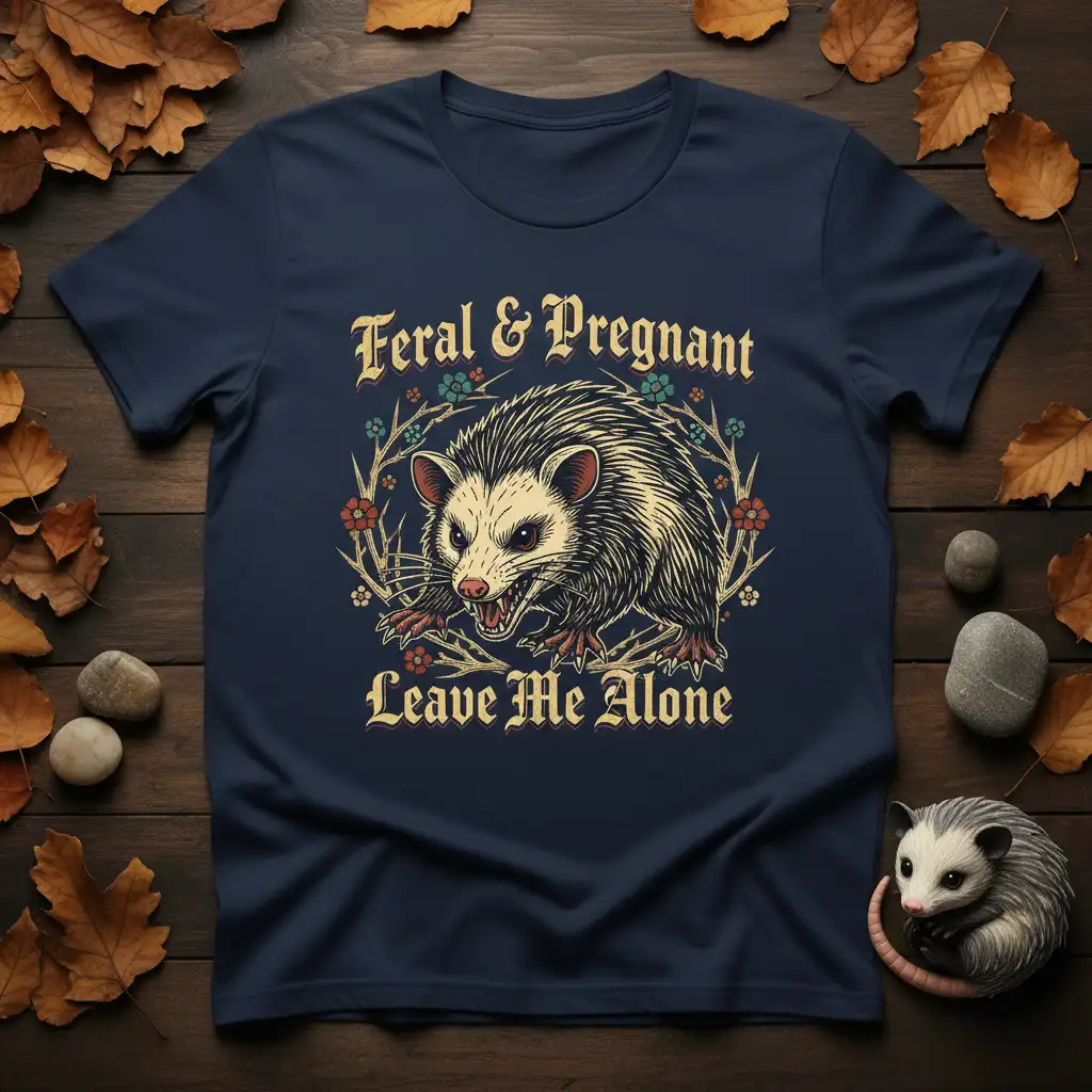 Feral & Pregnant Leave Me Alone humorous opossum graphic tee design