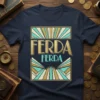 Ferda Ferda text in gold and teal Art Deco style on a navy t-shirt