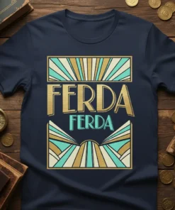 Ferda Ferda text in gold and teal Art Deco style on a navy t-shirt