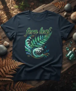 Dark navy t-shirt with a green and gold "fern leaf" graphic featuring stylized waves and a fern frond
