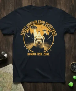 Ferret Invasion From Outer Space HUMAN-FREE ZONE t-shirt with a ferret, UFOs, and stars in a circular design
