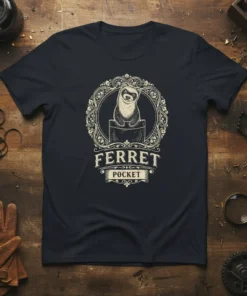 Ferret Pocket T-Shirt featuring a cute ferret peeking from a pocket within an ornate circular frame