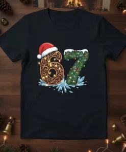 Black t-shirt featuring the number 67 designed with Christmas lights, pine branches, and a Santa hat, with ice crystals at