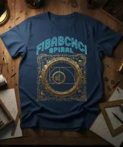 FIBABCINCI SPIRAL t-shirt featuring a golden Fibonacci spiral design with geometric circuitry, presented on a navy blue tee