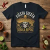 Fiesta Siesta Tequila Repeat t-shirt with skull wearing sombrero and maracas, festive Mexican party design