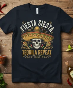 Fiesta Siesta Tequila Repeat t-shirt with skull wearing sombrero and maracas, festive Mexican party design