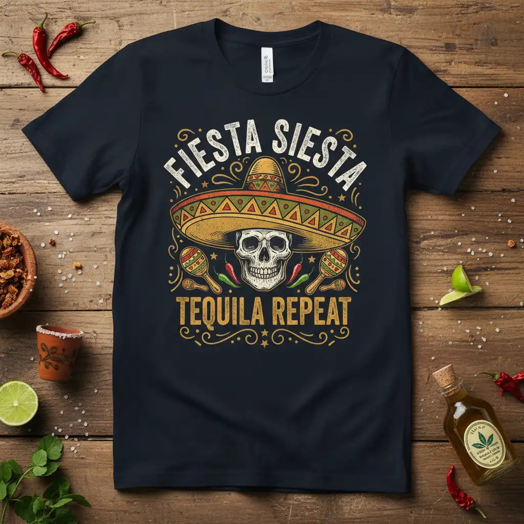 Fiesta Siesta Tequila Repeat quote with skull, sombrero, and maracas on a dark t-shirt graphic