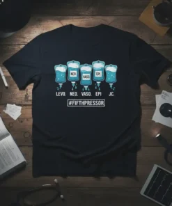 LEVO. NEO. VASO. EPI. JC. #FIFTHPRESSOR text with IV bags graphic on a black t-shirt design