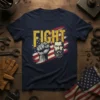 FIGHT t-shirt with a raised fist and American flag graphic, bold yellow text and distressed design elements