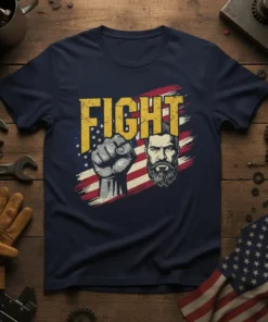 FIGHT t-shirt with a raised fist and American flag graphic, bold yellow text and distressed design elements