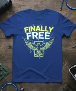 Blue t-shirt with "FINALLY FREE" text in white and yellow, and a stylized eagle with wings spread within a circuit
