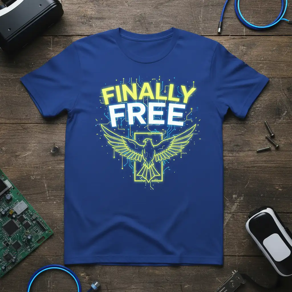 Finally Free text and eagle graphic on a blue t-shirt, featuring circuit board elements and bold typography