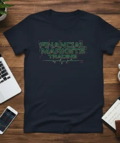 FINANCIAL MARKETS TRADING text design with a stock market heartbeat graphic on a dark t-shirt