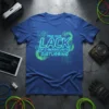 Blue t-shirt with neon green and blue text that reads "FIND YOUR LACK OF CYBERSECURITY DISTURBING", featuring digital matrix graphics