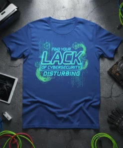 Blue t-shirt with neon green and blue text that reads "FIND YOUR LACK OF CYBERSECURITY DISTURBING", featuring digital matrix graphics