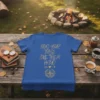 Blue t-shirt with gold text "FIND YOUR TRIBE LOVE THEM HARD" and a compass graphic