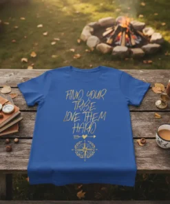 Blue t-shirt with gold text "FIND YOUR TRIBE LOVE THEM HARD" and a compass graphic