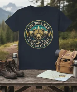 Find Your Wild In The Great North text with a bear graphic, mountains, and trees on a navy blue t-shirt