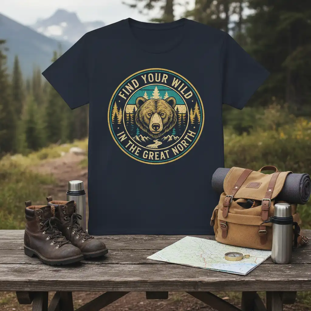 Find Your Wild In The Great North circular design with bear graphic and mountain scenery on a navy t-shirt