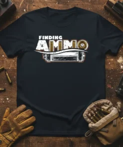 Finding Ammo t-shirt design with text and graphic of bullets and ammo box