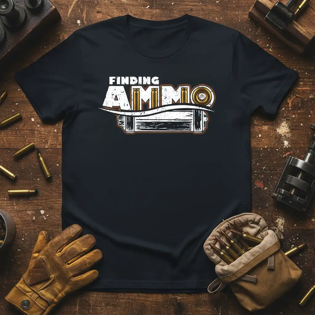 Finding Ammo text with bullet graphics on a black t-shirt for gun enthusiasts