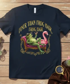 Finer Than Frog Hair Frog Hair text design on a dark t-shirt with a frog lounging on a sofa next