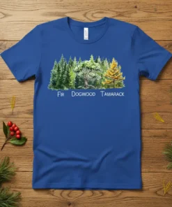 Fir Dogwood Tamarack text with watercolor forest trees design on blue t-shirt