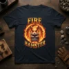 Fire Hamster t-shirt design featuring a hamster inside a circle of flames with text "FIRE HAMSTER"