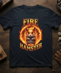 Fire Hamster t-shirt design featuring a hamster inside a circle of flames with text "FIRE HAMSTER"