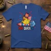 Fire Quacker t-shirt design with a yellow duck wearing a top hat riding a rocket with American flag elements and