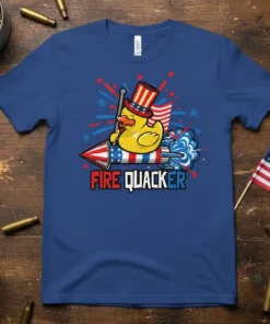 Fire Quacker t-shirt design with a yellow duck wearing a top hat riding a rocket with American flag elements and