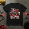 Fire Truck Monster Truck design featuring a red monster truck with large wheels and flames, text reads "FIRE TRUCK MONSTER